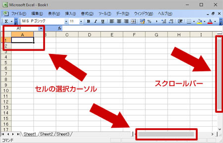 Excel のセルの選択カーソルとスクロールバーの関係