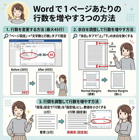 Word で 1 ページあたりの行数を増やす3つの方法