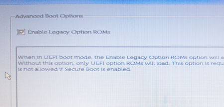 「Advanced Boot Options」で「Enable Legacy Option ROMS」にチェック
