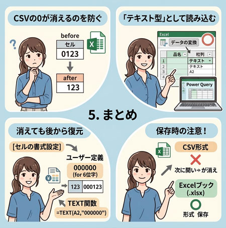 ExcelでCSVの「0」が消えるまとめ