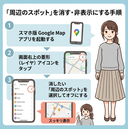 「周辺のスポット」を消す・非表示にする手順<