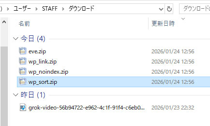 ダウンロードフォルダが日別になっている様子