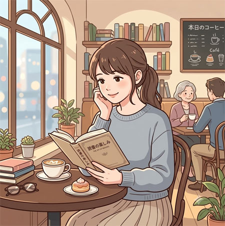 カフェで読書しているイラストを生成