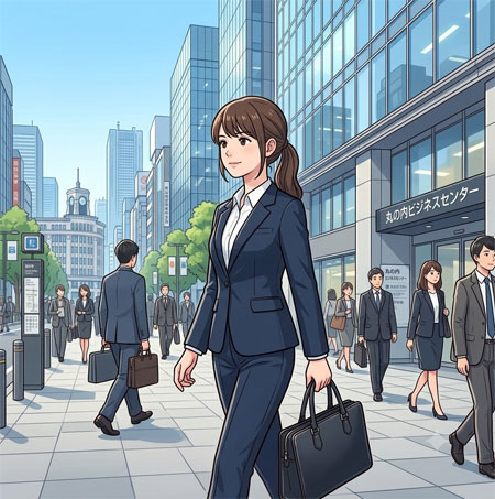 ビジネススーツを着て、オフィス街を歩いているイラストを生成